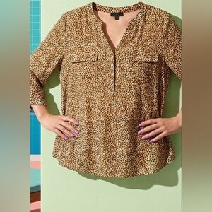 Cocomo Brown and Tan Ruched Blouse with 3/4 Sleeves